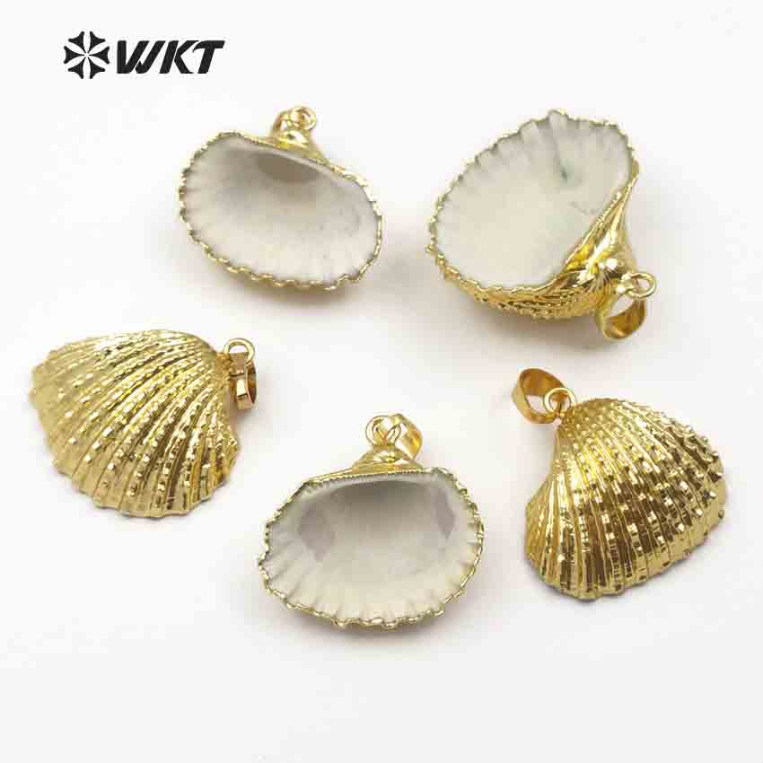 WT-JP018 Wholesale Newest Hot Full Gold Plated Natural Scallop Shell Pendant, Lovely White Scallop Shell Pendant with Full Gold