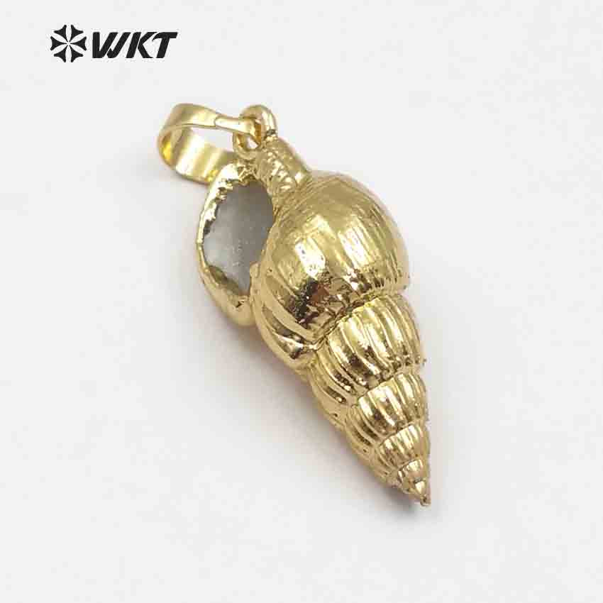 WT-JP015 Wholesale Natural Full Gold Plated Small Trumpet Shell Pendant, Fashion Lovely Natural Trumpet Shell Pendant