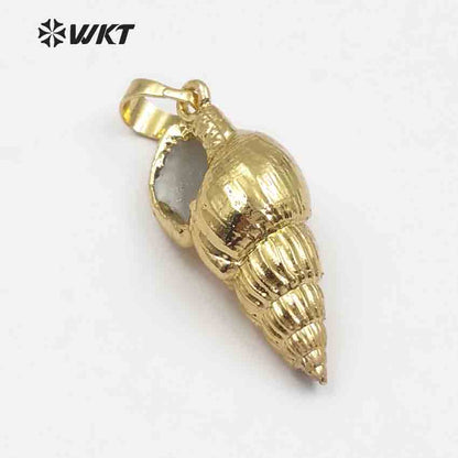 WT-JP015 Wholesale Natural Full Gold Plated Small Trumpet Shell Pendant, Fashion Lovely Natural Trumpet Shell Pendant