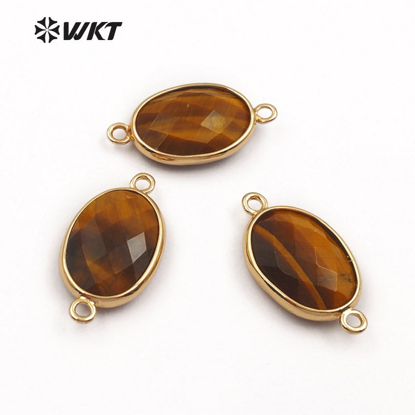 WT-C256 Women Fashion Jewelry Making Accessories Smoothly Natural Gemstone Connector Oval Shape Gold Trim Bezel Connector