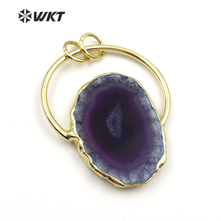 WT-P1411 Classic Design Half Metal Ring Double Loops Mutli Colors Stone in Random Shape Jewelry Natural Slice Agate Pendant