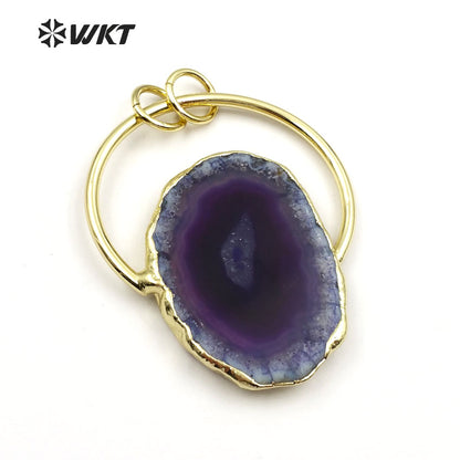 WT-P1411 Classic Design Half Metal Ring Double Loops Mutli Colors Stone in Random Shape Jewelry Natural Slice Agate Pendant