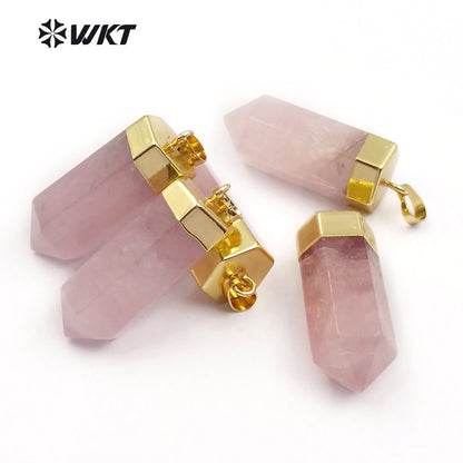 WT-P1412 Natural Pink Quartzy With Gold Capped Pendant Bohe Gift for Women Cute Pencil Point Healing Crystal and Stone Pendant