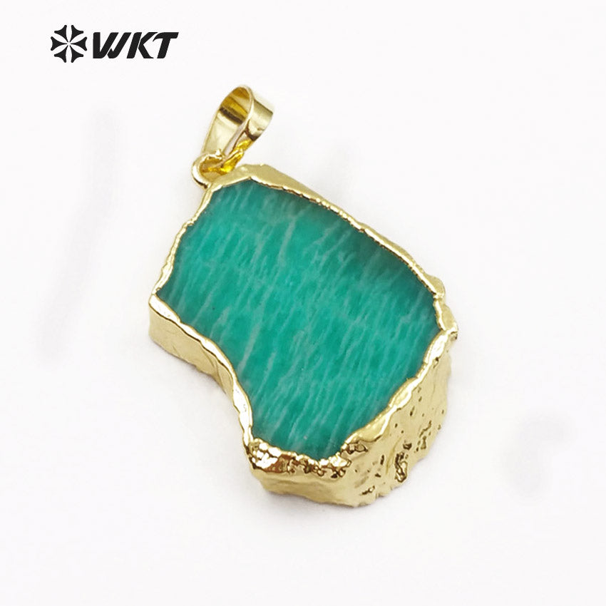 WT-P1406 Women Fashion Jewelry Natural Green Stone With Gold Bezel Pendant Irregular Shape Beautiful Amazonite Pendant