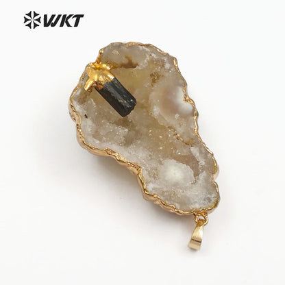 WT-P1420 Black Tourmaline Pendant Gold Trim in Random Shape Pendant for Women Vogue Jewelry Natural Geode Quartz Pendant