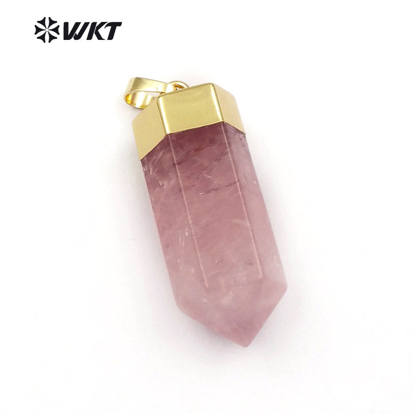 WT-P1412 Natural Pink Quartzy With Gold Capped Pendant Bohe Gift for Women Cute Pencil Point Healing Crystal and Stone Pendant