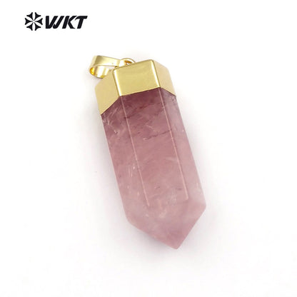 WT-P1412 Natural Pink Quartzy With Gold Capped Pendant Bohe Gift for Women Cute Pencil Point Healing Crystal and Stone Pendant