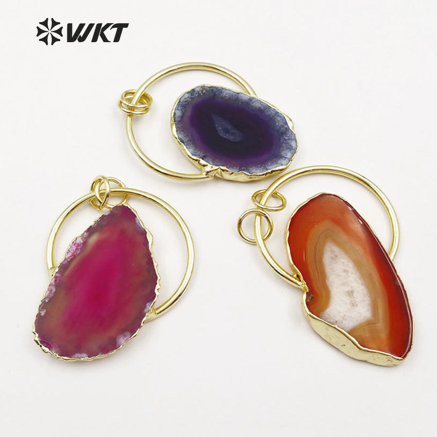 WT-P1411 Classic Design Half Metal Ring Double Loops Mutli Colors Stone in Random Shape Jewelry Natural Slice Agate Pendant