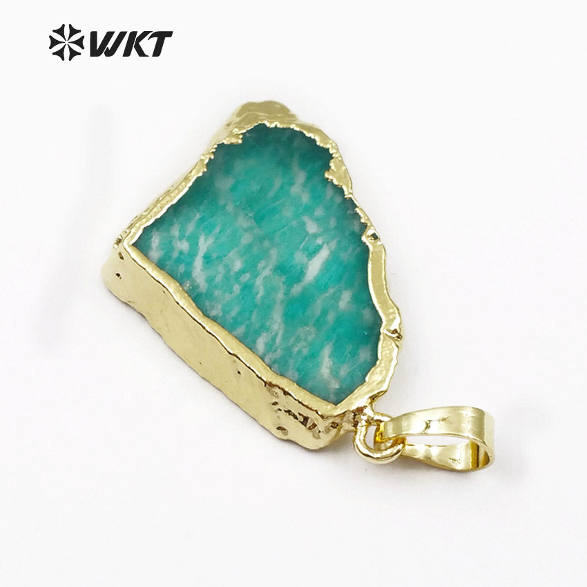 WT-P1406 Women Fashion Jewelry Natural Green Stone With Gold Bezel Pendant Irregular Shape Beautiful Amazonite Pendant