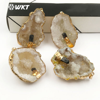 WT-P1420 Black Tourmaline Pendant Gold Trim in Random Shape Pendant for Women Vogue Jewelry Natural Geode Quartz Pendant