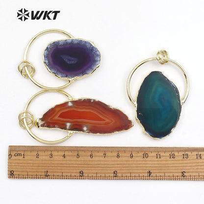 WT-P1411 Classic Design Half Metal Ring Double Loops Mutli Colors Stone in Random Shape Jewelry Natural Slice Agate Pendant