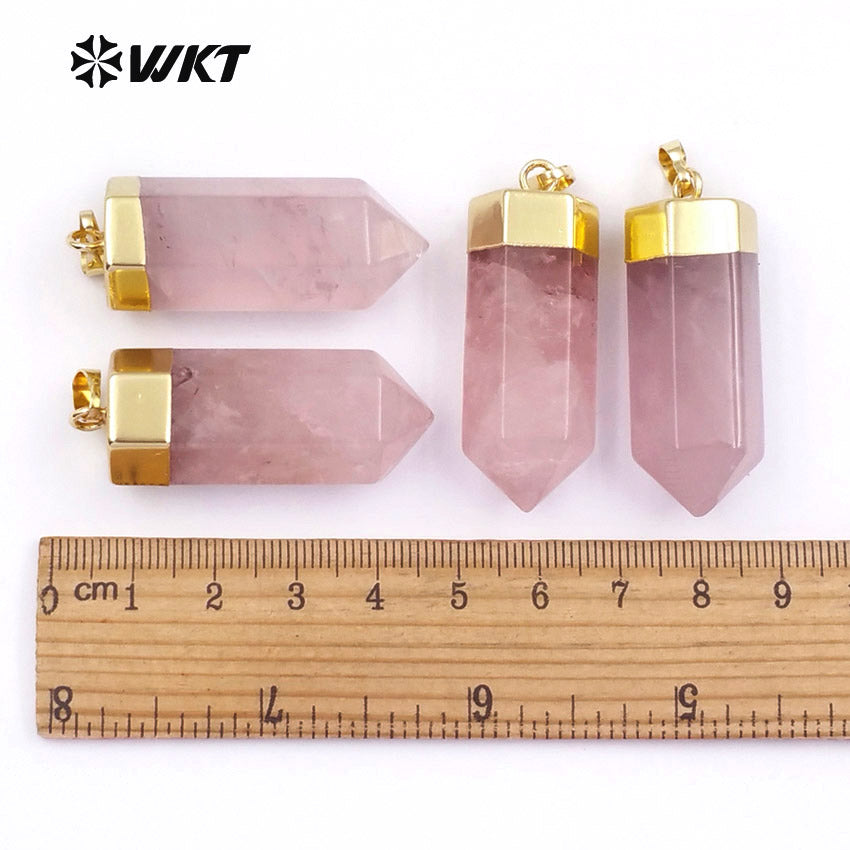 WT-P1412 Natural Pink Quartzy With Gold Capped Pendant Bohe Gift for Women Cute Pencil Point Healing Crystal and Stone Pendant