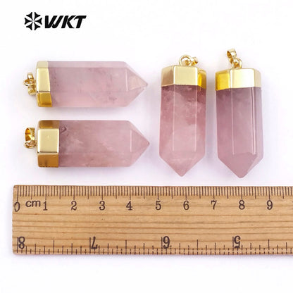 WT-P1412 Natural Pink Quartzy With Gold Capped Pendant Bohe Gift for Women Cute Pencil Point Healing Crystal and Stone Pendant