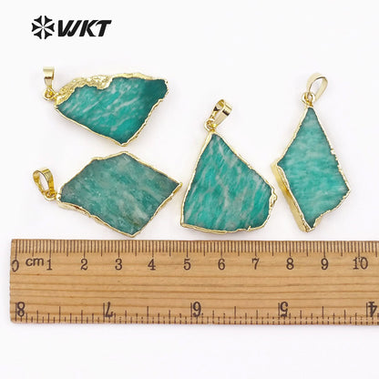 WT-P1406 Women Fashion Jewelry Natural Green Stone With Gold Bezel Pendant Irregular Shape Beautiful Amazonite Pendant