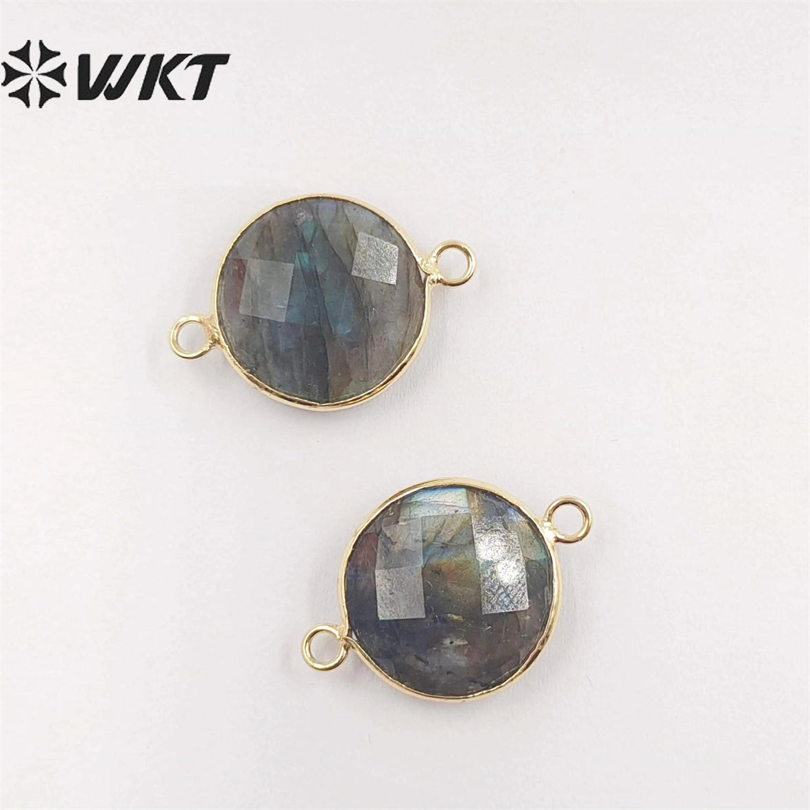 WT-C118 Wholesale Sparkly Tiny Labradorite Charm Connectors ,Lovely Round Natural Labradorite With Gold Plated Jewelry Findings