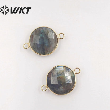 WT-C118 Wholesale Sparkly Tiny Labradorite Charm Connectors ,Lovely Round Natural Labradorite With Gold Plated Jewelry Findings