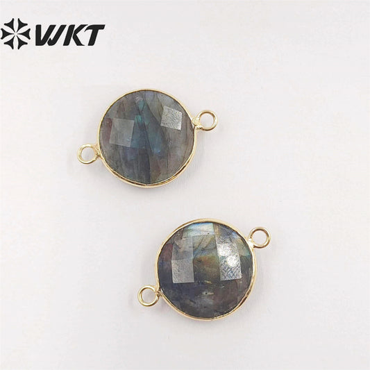 WT-C118 Wholesale Sparkly Tiny Labradorite Charm Connectors ,Lovely Round Natural Labradorite With Gold Plated Jewelry Findings