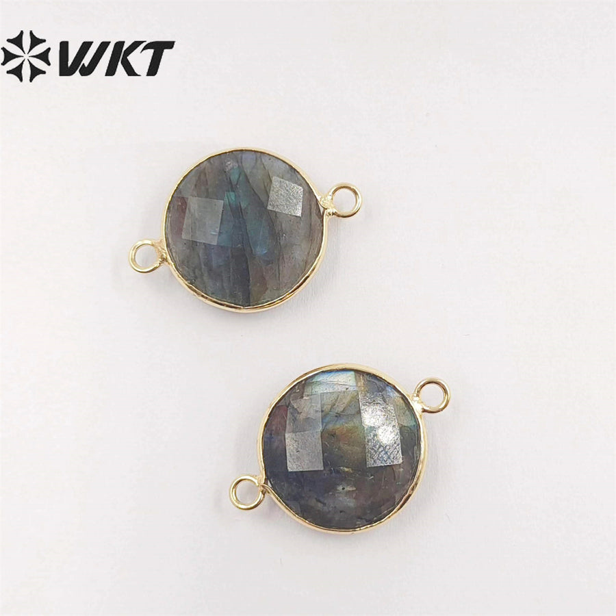 WT-C118 Wholesale Sparkly Tiny Labradorite Charm Connectors ,Lovely Round Natural Labradorite With Gold Plated Jewelry Findings