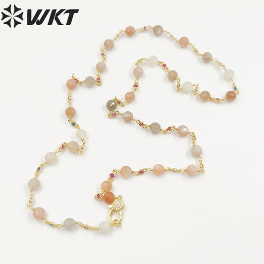 WT-N1432 16+2inch Extend Chain Rosary Gemstone Beads Charm 18k Yellow Gold Beads Necklace Gemstone Statement Necklace