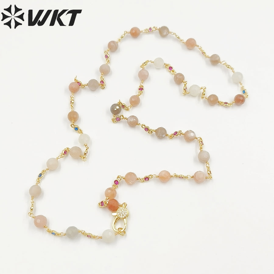 WT-N1432 16+2inch Extend Chain Rosary Gemstone Beads Charm 18k Yellow Gold Beads Necklace Gemstone Statement Necklace