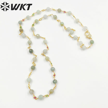 WT-N1432 16+2inch Extend Chain Rosary Gemstone Beads Charm 18k Yellow Gold Beads Necklace Gemstone Statement Necklace