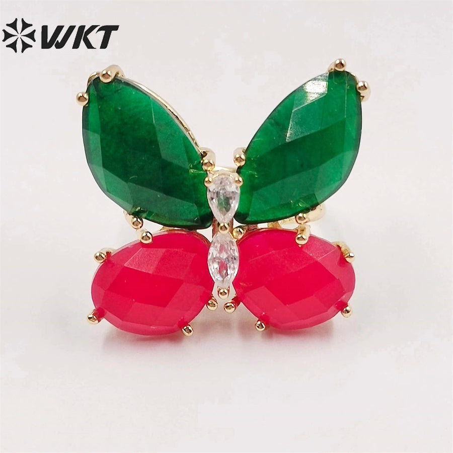 WT-R464 Amazing Natural Gemstone Carved Stone Ring Gorgeous Women Gold Plated Hand Carved Fashion Butterfly Ring