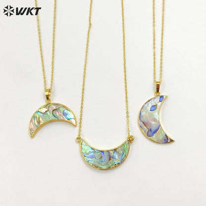 WT-N771 Wholesale Hot Shape Natural Paua Shell Crescent Horn Necklace 18k Real Gold Plated Abalone Crescent Horn Necklace