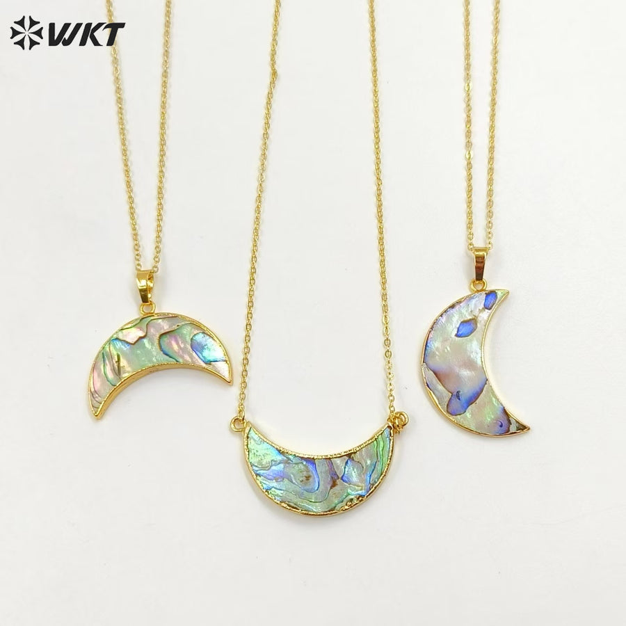 WT-N771 Wholesale Hot Shape Natural Paua Shell Crescent Horn Necklace 18k Real Gold Plated Abalone Crescent Horn Necklace