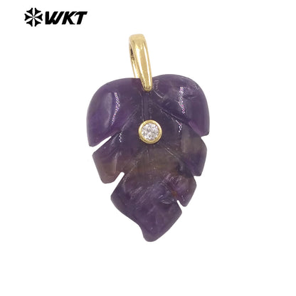 WT-P2141 Wonderful Zircon And Multi Colors Natural Gemstones Hand Carved Leaf Shape Gold Pendants For Lady Earrings DIY