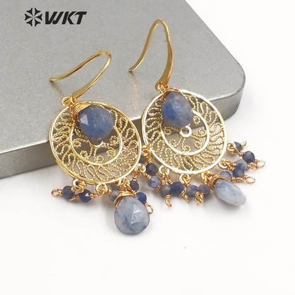 WT-E695 Bohemia Fashion Gold Gypsy Earrings with Natural Gemstone Made Dangle Earrings Handmade DIY Stone Hoop Earrings