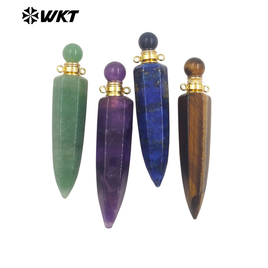 WT-P1984 Wholesale Fashion Gold Plated Long Bullet Shape Natural Lapis Amethyst Quartz Stone Made Women Perfume Bottle Pendants