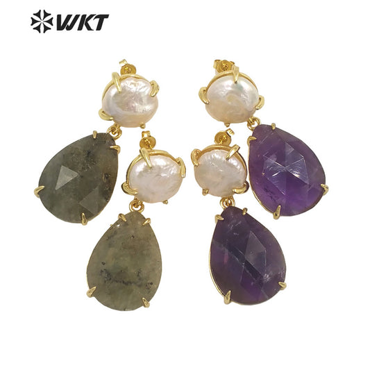 WT-E696 Amazing the Royal Nobility Gorgeous Design Women Natural Gemstone Teardrop Earrings with Pearl Studs in Resist Gold