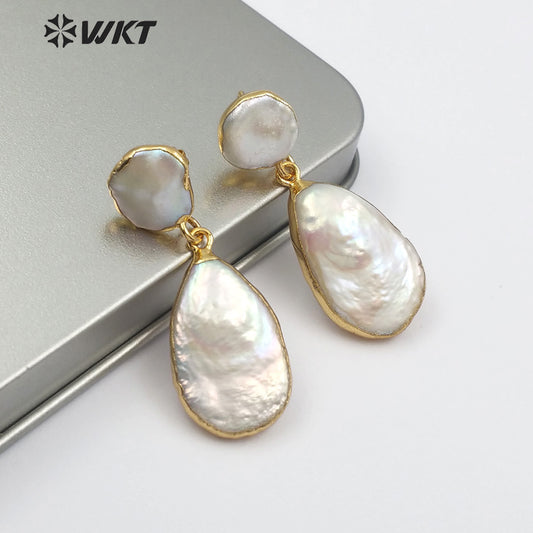 WT-E489 White Pearl Jewelry With Gold Electroplated Bridal Pearl in Teardrop Shape Natural Freshwater Pearl Earring Drop Earring