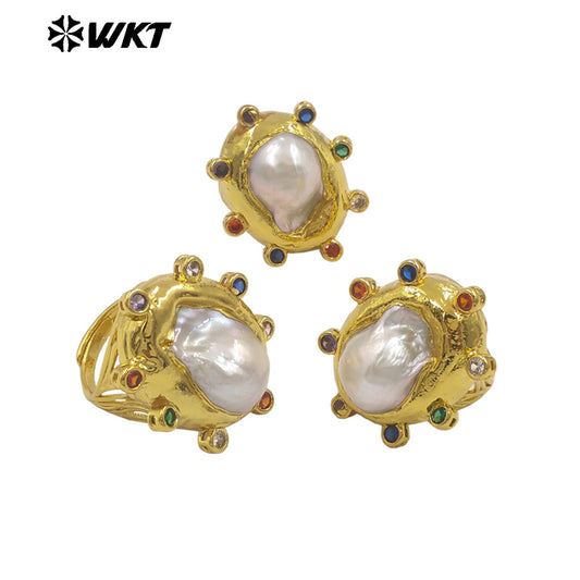 WT-MPR142 Vintage Style Amazing Gold Plated Natural Big Baroque Pearl With Colorful Zircon Rings For Women Party Jewelry