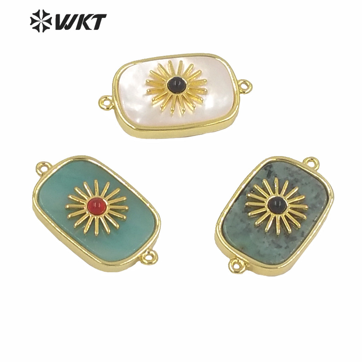WT-C297 Newest Design High Polish Surface Natural Stone Double Loops Connectors Women Gold Bezel Precious Stone Connectors