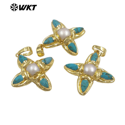 WT-P2038 Exclusive Trendy Design Gold Plated Natural Turquoise And Pearl Pointed Cross Pendants For Women Lovely Gift DIY