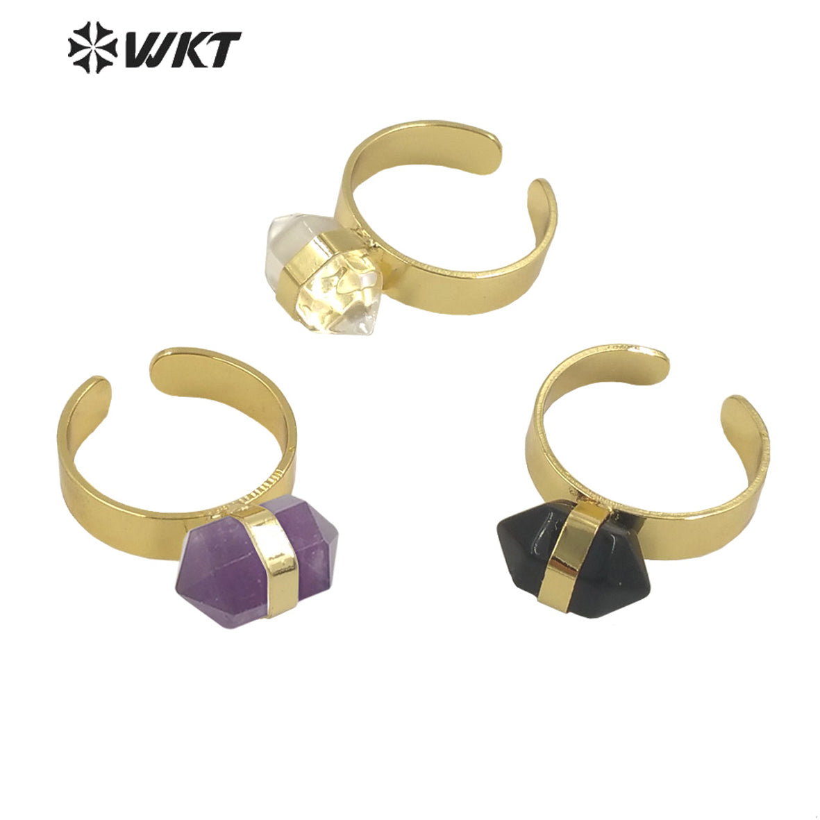 WT-R385 WKT 2022 Beautiful Crystal Amethyst Black Obsidian Hexagon Rings Natural Stone Rings Gold Plated Quartz Point Ring