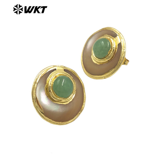 WT-MPE158 Newest Lovely Natural Round Shell Earrings With Jade Gold Electroplated Beautiful Fashion Ladies Jewelry Wholesale