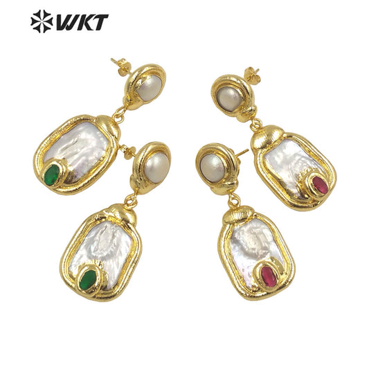 WT-MPE113 European and American Retro Exaggerated Inlaid with Natural Freshwater Pearl Pendant Earrings