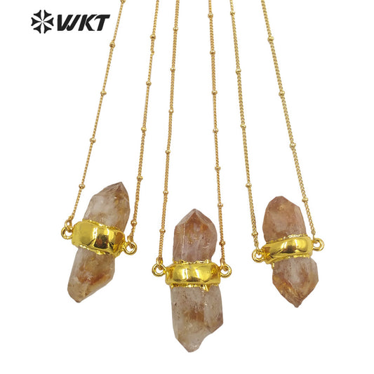 WT-N1290 Wholesale Healing Spirit Yellow Citrine Quartz Stone Necklace 18inch Long Stellite Beads Chain Citrine Pendant Necklace