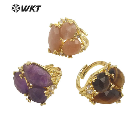 WT-R448 WKT Hot Design Triple Stone Ring for Women Party 18k Real Gold Plated Amethyst Precious Gemstone Ring for Birthday