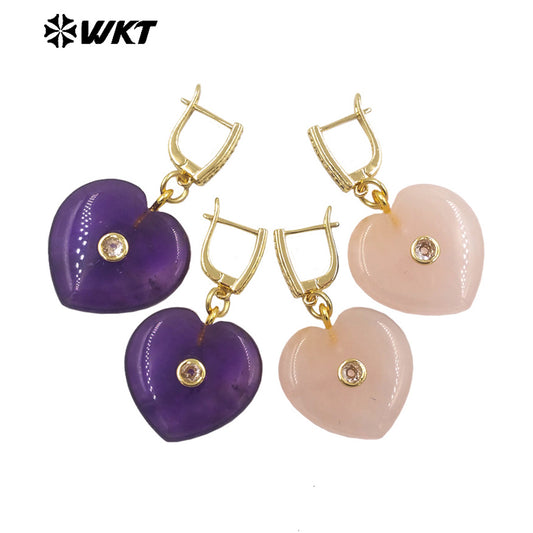 WT-E810 Romantic Style Gold Plated Zircon And Various Natural Gemstones Heart Shape Women Earrings For Cute Jewelry Decoration