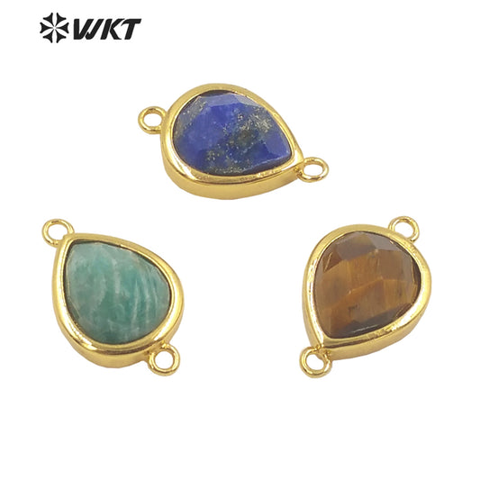 WT-C308 Lovely Natural Gemstone Teardrop Connector Pendants 18k Real Gold Plated Bezel Double Loops Drop Stone Charms