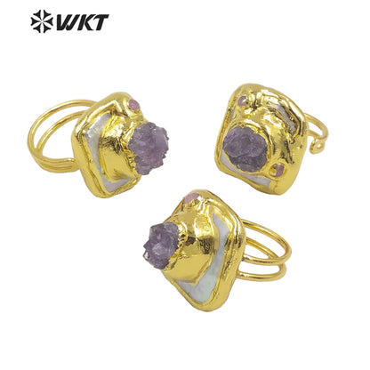 WT-MPR030 Sophisticated Design Ring Craft Pearl Ring Natural Stone Amethyst Shape 18k Gold Plated Women Stone Rings