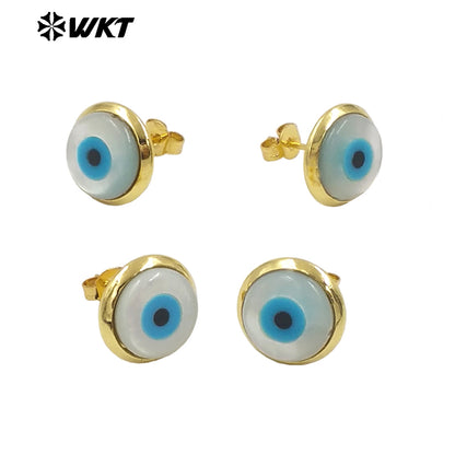 WT-MPE131 Wholesale Fashion 18K Gold Plated 10mm Brass Bezel Setting Natural Shell Turkey Eye Studs Women Earrings