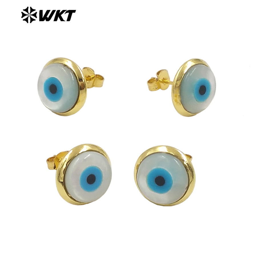 WT-MPE131 Wholesale Fashion 18K Gold Plated 10mm Brass Bezel Setting Natural Shell Turkey Eye Studs Women Earrings