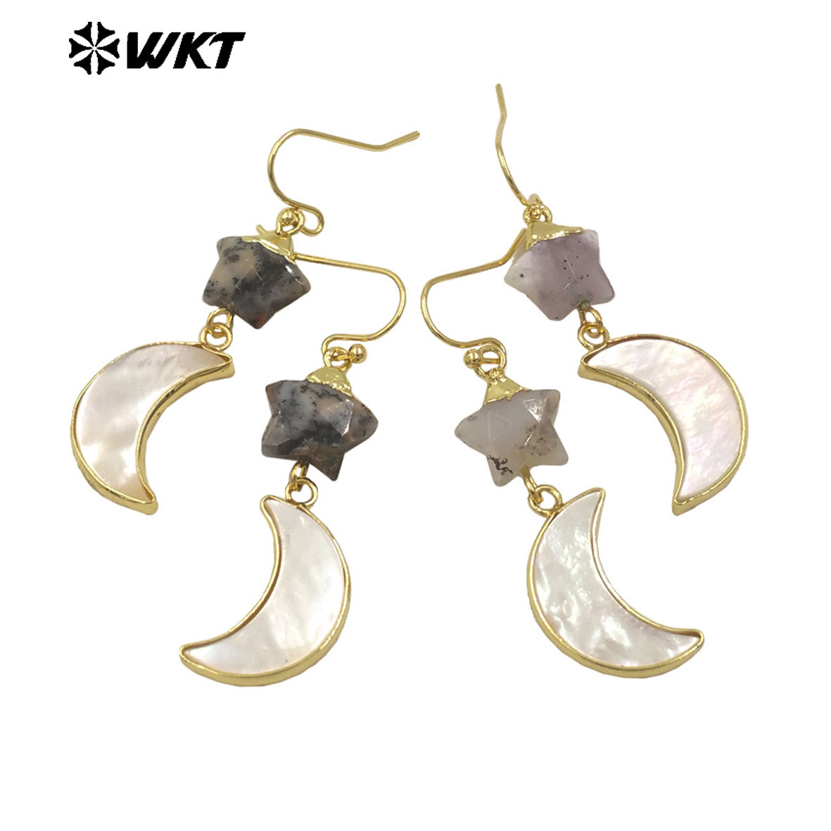 WT-MPE152 Lovely Design Natural Stone and Shell Star Earrings with Moon Shape Charms Gold Electroplated for Ladies Jewelry Gift