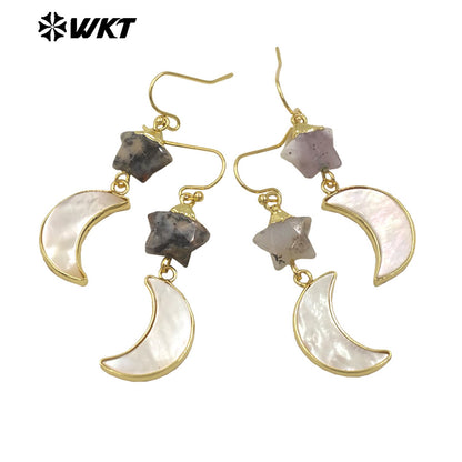 WT-MPE152 Lovely Design Natural Stone and Shell Star Earrings with Moon Shape Charms Gold Electroplated for Ladies Jewelry Gift