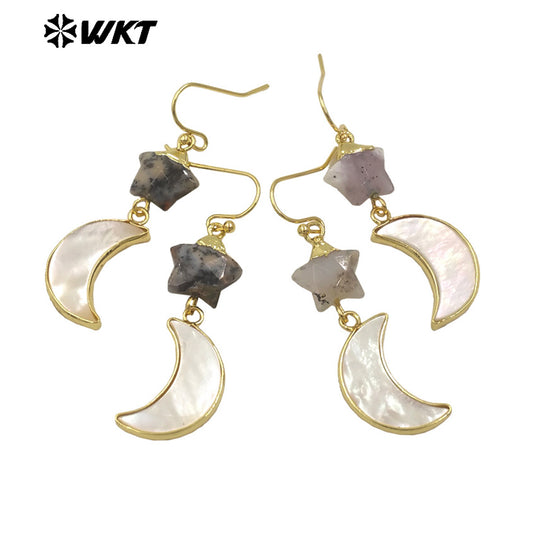 WT-MPE152 Lovely Design Natural Stone and Shell Star Earrings with Moon Shape Charms Gold Electroplated for Ladies Jewelry Gift