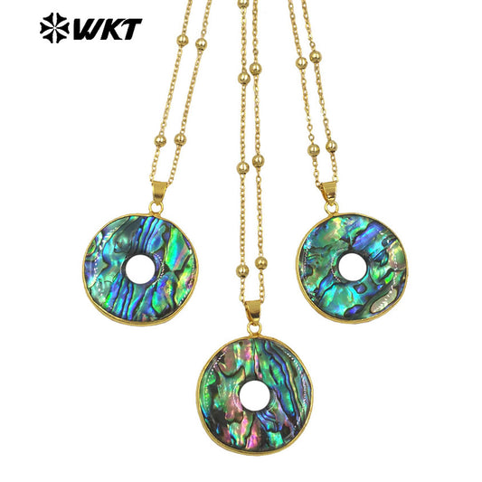 WT-JN313 High Quality Round Natural Abalone Shell Round Coin Necklace With Gold Plated Single Hole Resist Tarnishable